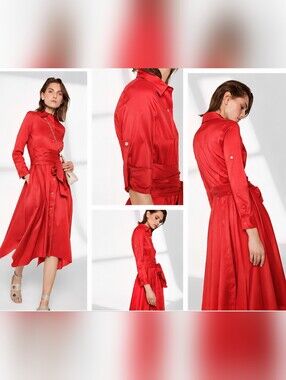 Roberto Verino Red Collared Belted Trench Dress Sz 8 Like New